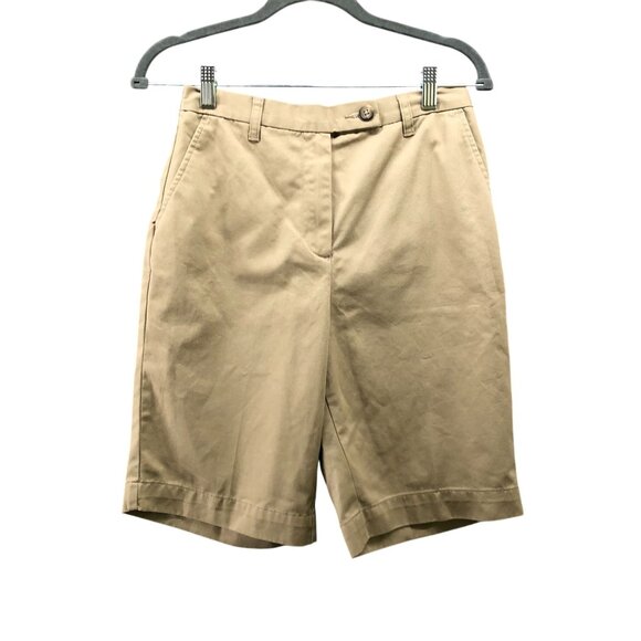 Lands' End High Rise Bermuda Chino Shorts Womens 4 Fit 3 Khaki Beige Flat Front - Picture 1 of 12